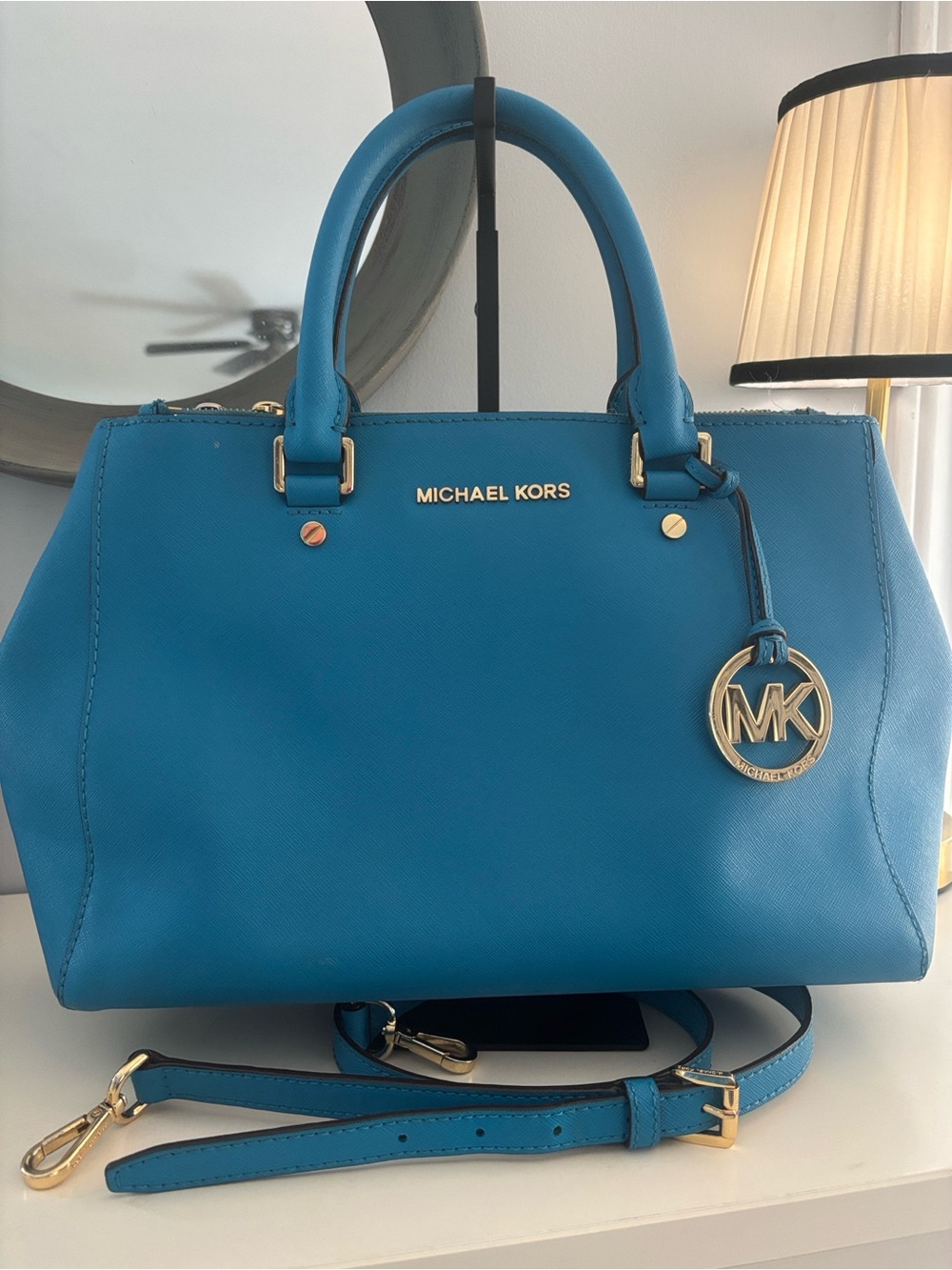 Michael Kors Blue Saffiano Leather Satchel with MK Charm
